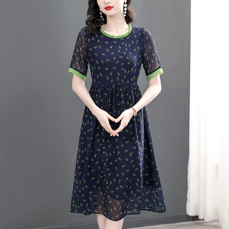 

2023 New Fashion Silk Printed Dress Women's Summer Round Neck Versatile Short Sleeve Loose Fit Leisure Tourism Dress Vestidos