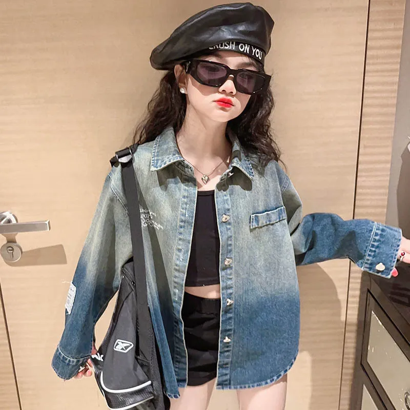 

Girls coat gradient denim spring and autumn 2023 new westernized explosive street trendy children's top jeans shirt