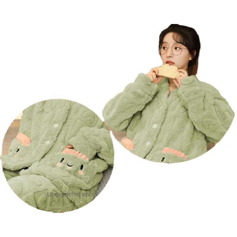 2024 New Coral Velvet Pajamas Women Winter Plus Fleece Thick Sleepwear Leisure Cardigan Sweet Lovely Nightwear Autumn Homewear