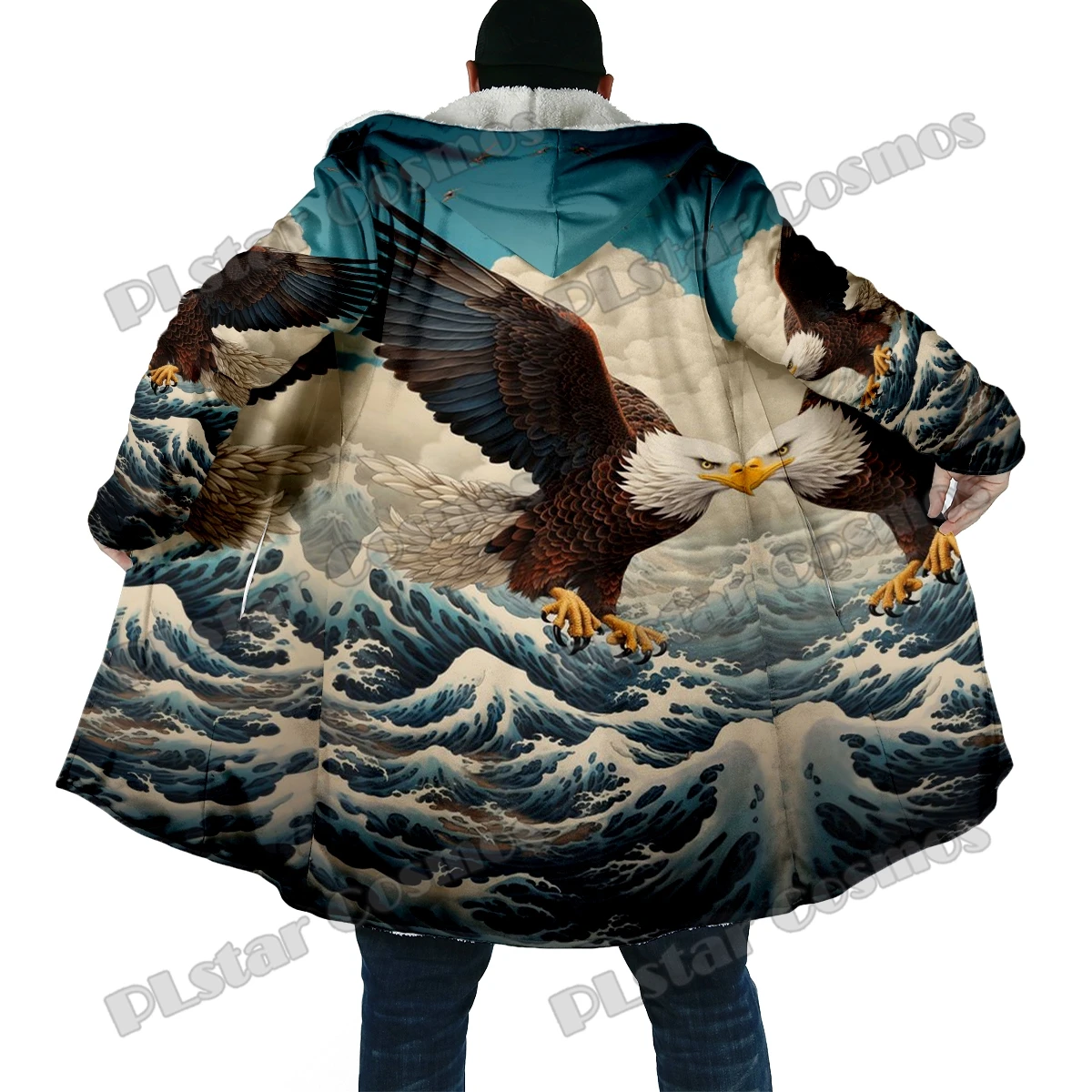 Winter Fashion Men's cloak Animal Eagle Pattern 3D All Over Printed Thick Fleece Hooded Cloak Unisex Casual Warm Cape Coat DP45