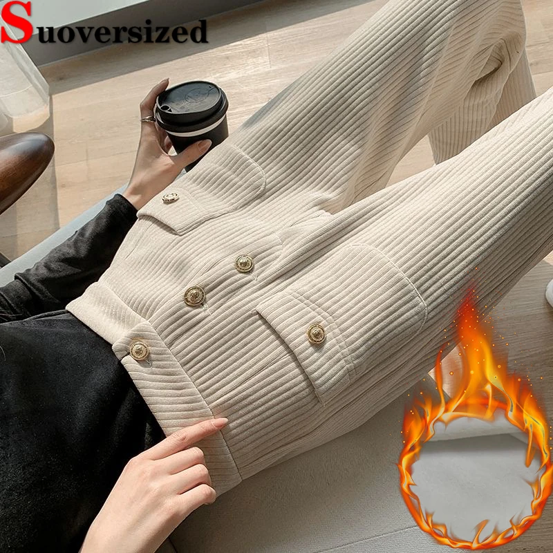 

Elegant Women Warm Pants Winter Baggy Wide Leg Pantalones Plus Velvet High Waist Spodnie Korean Fashion Thicken Straight Trouser