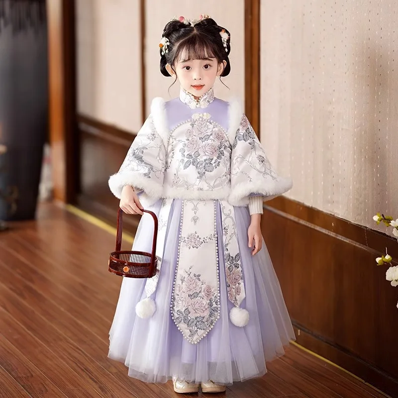 

Girl Hanfu winter Chinese style ancient skirt hairball lovely embroidery stand collar Tang suit thick New Year clothes