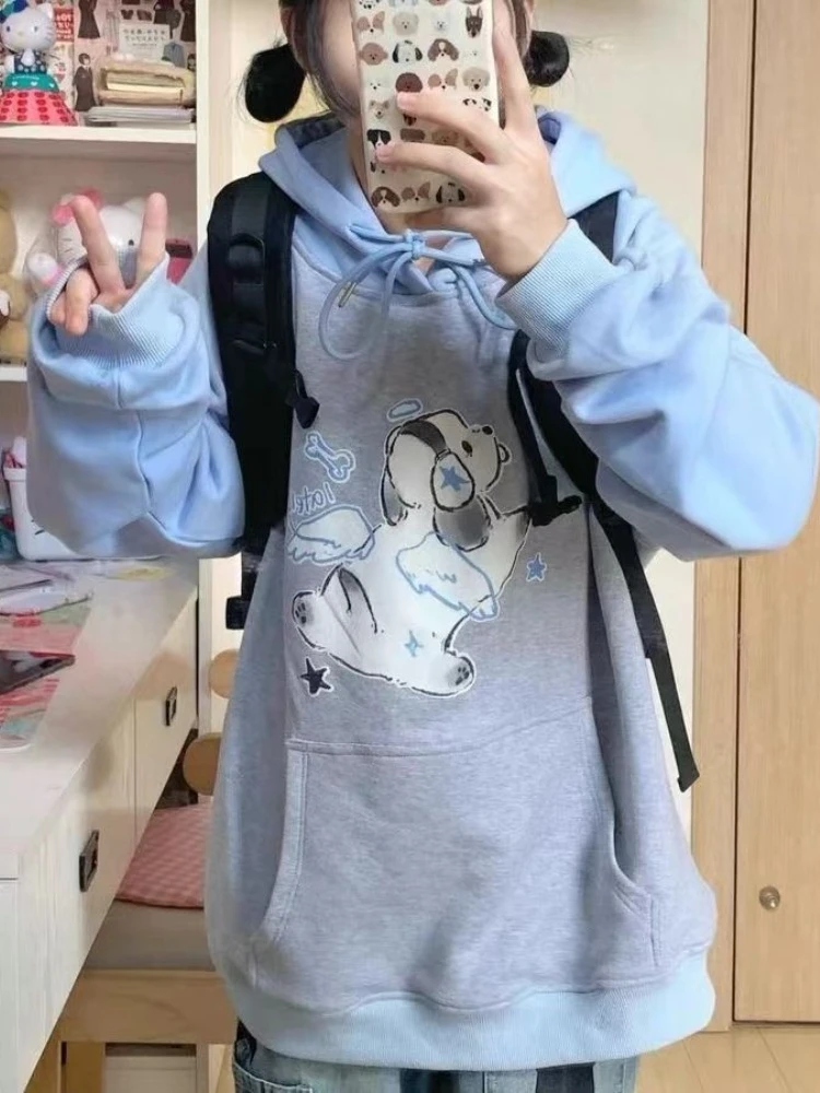 

HOUZHOU Japanese Fashion Kawaii Patchwork Hoodie Women Y2k Harajuku Streetwear Pet Dog Print Loose Hooded Sweatshirt Preppy 2023