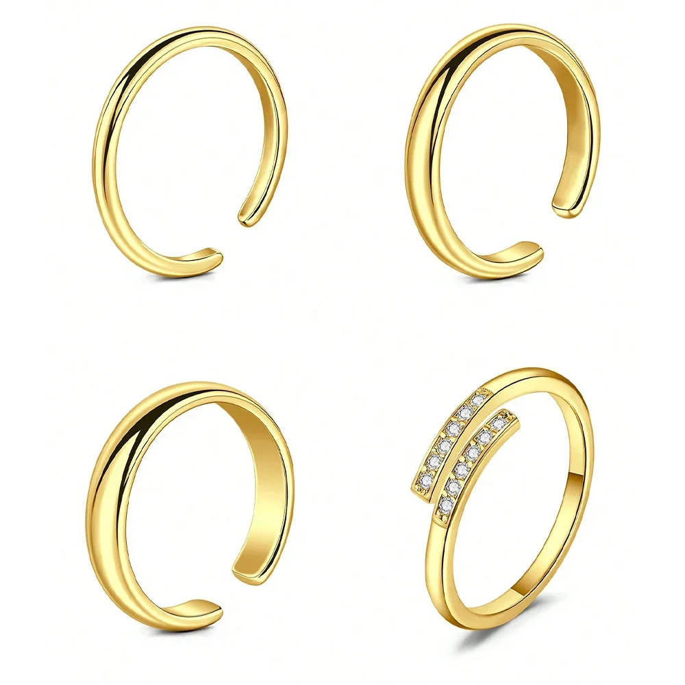 Stainless Steel Toe Ring Pack Set 4pcs Hollow Love Flower Leaves Spot Drill Moon Multi-Style Size Adjustable Summer Beach Must ring set,stainless steel ring,finger ring,adjustable rings