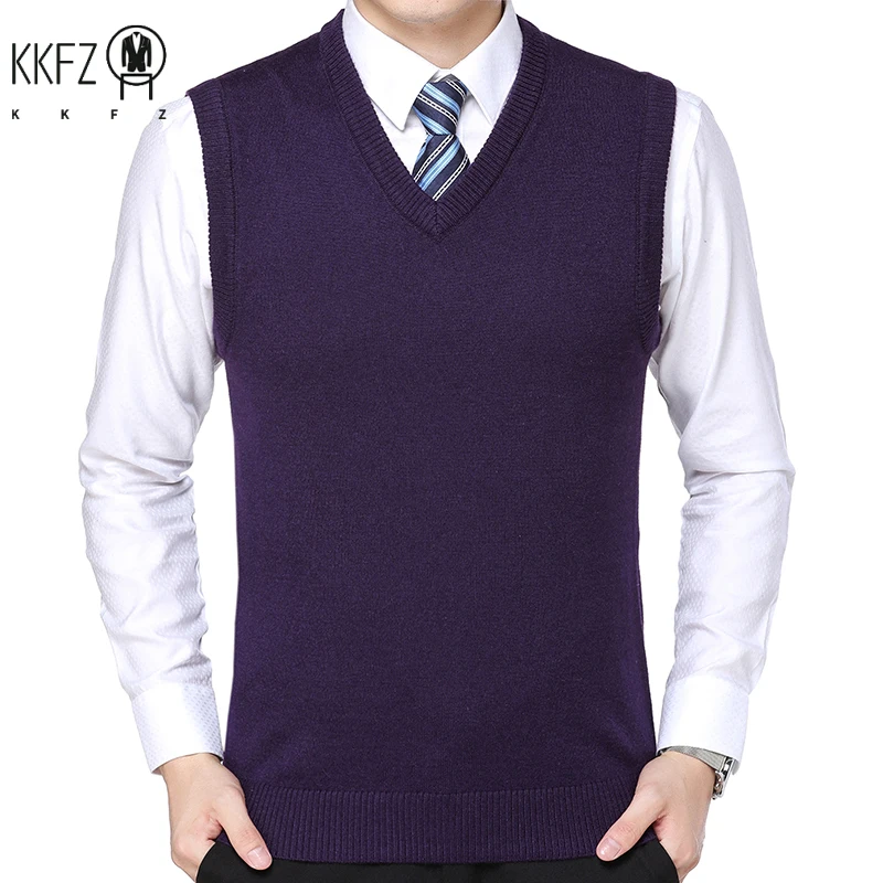 2024 Autumn Winter New Men's Solid Color V-neck Knitted Vest Casual Fashion Warm Sweater Versatile Top 6