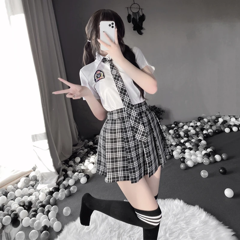 Paloli Japanese Student Girls School Uniform Black White Lingerie JK Suit Pleated Skirt Women Night Roleplay Temptation Outfits