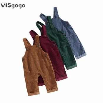 VISgogo 남여아 코듀로이 오버롤, 단색 민소매 멜빵 바지, 점프수트, 어린이 봄 가을 옷, 0-5 세