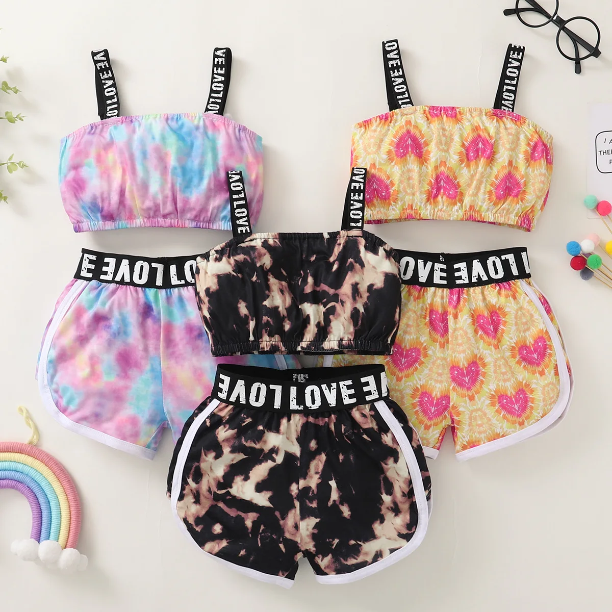 Live Love Print Toddler Girls Tie Dyed Suspender Tank Tops and Shorts