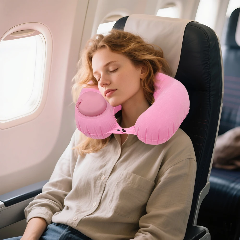 Description Picture 4 of itemInflatable U-Shaped Neck Pillow with Plush Cover Travel Air-filled Pillow for Airplane, Car, Office - Adjustable Comfort