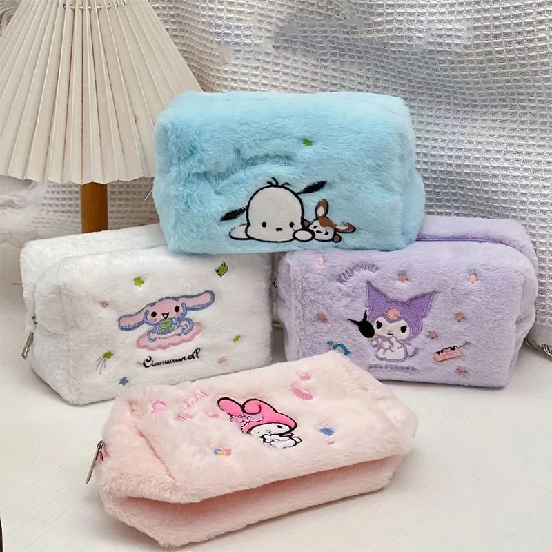 Sanrio Plush Makeup Travel Storage Bags Cartoon Kuromi Cinnamoroll Cosmetic Bag Soft Stuffed Toys Girls Birthday Christmas Gifts miniso sanrio hello kitty kuromi backpacks girls bookbag school bags cartoon kids rucksack travel rucksack shoulder bag mochila