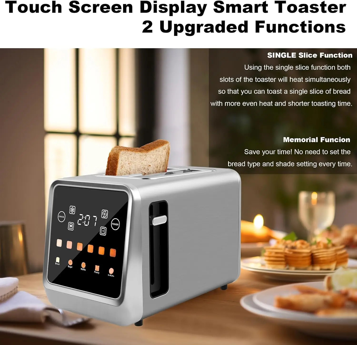 Touch Screen Toaster 2 Slice Bagel Toaster with LCD Display Stainless Steel Smart Digital Toasters with Single Slot Toasting 3