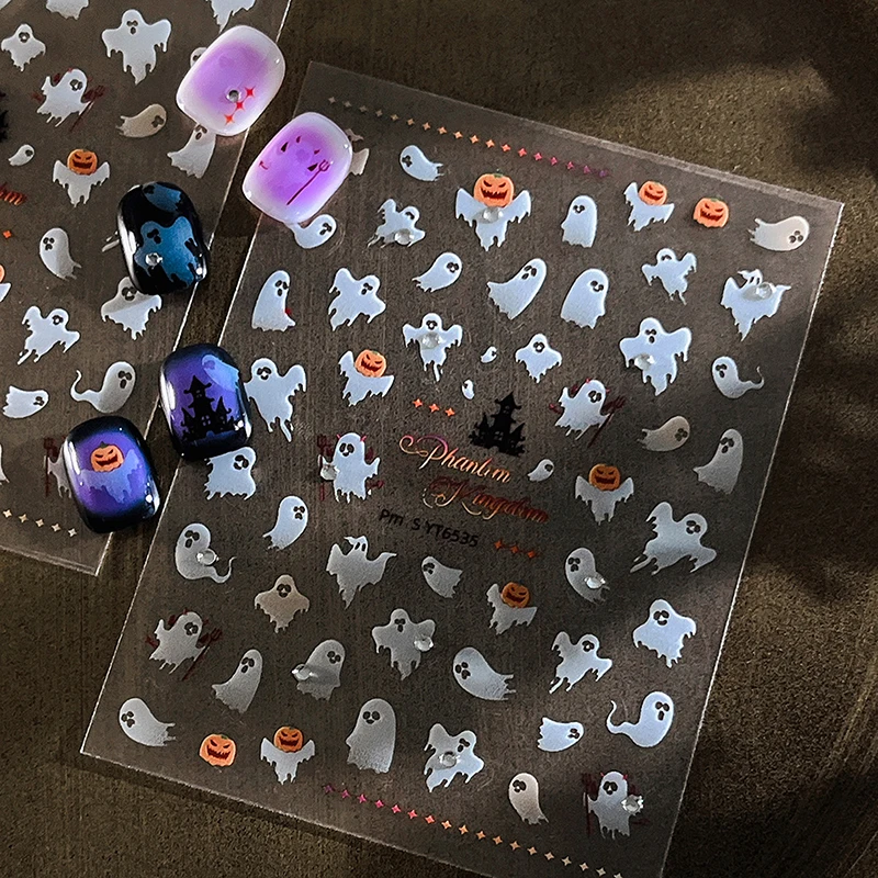 1 Sheet Halloween Ghost Nail Stickers - White Flutter Pumpkin Self-Adhesive Nail Decals, DIY Manicure Charms for Women Salon