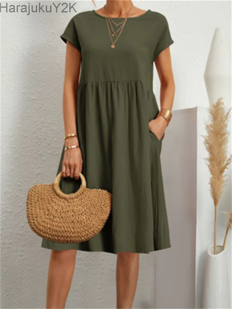 

Summer Maxi Dress Women Elegant Solid Cotton and Linen Long Dress Female Short Sleeve O Neck Loose Casual Sundress Ladies 2023