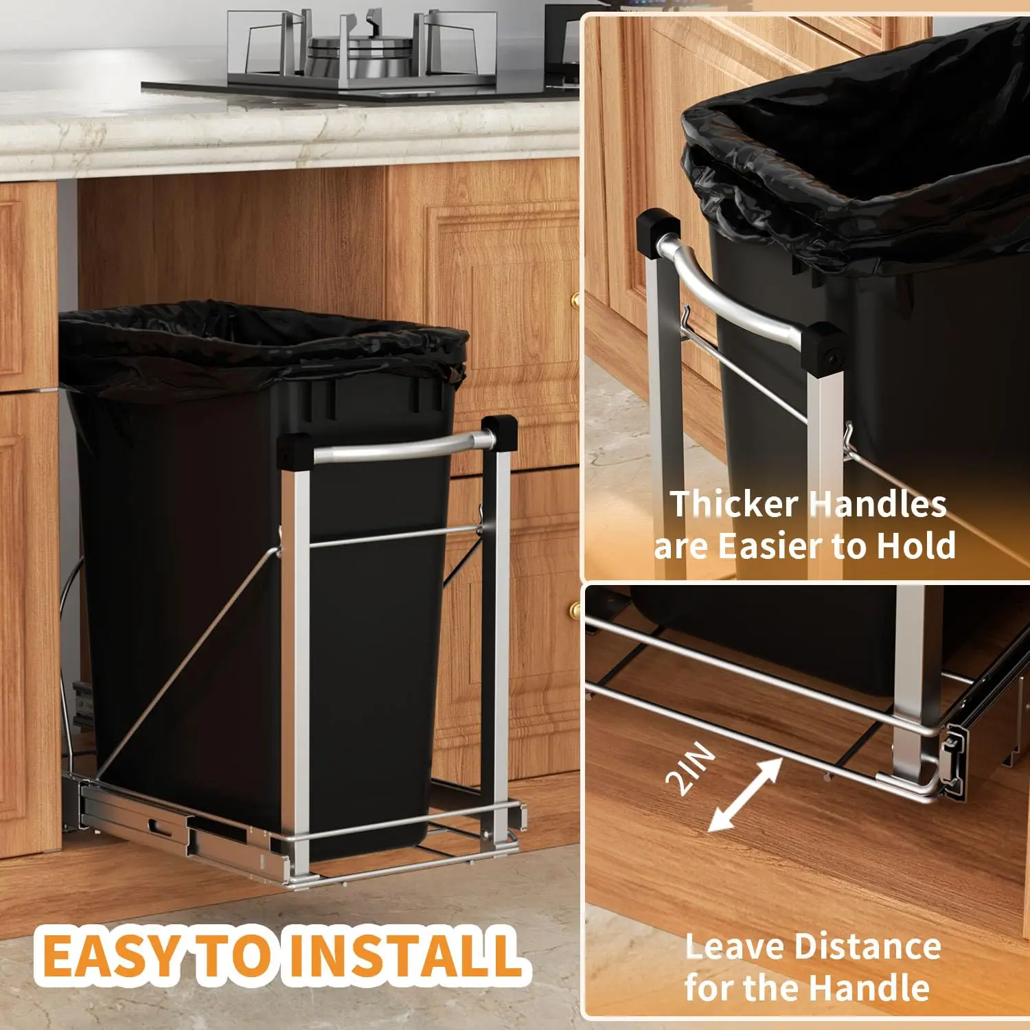 Pull Out Trash Can Under Cabinet with Soft Close Rail,Under Sink Trash Can Roll Out Organizer,Chrome Adjustable Under Cabinet