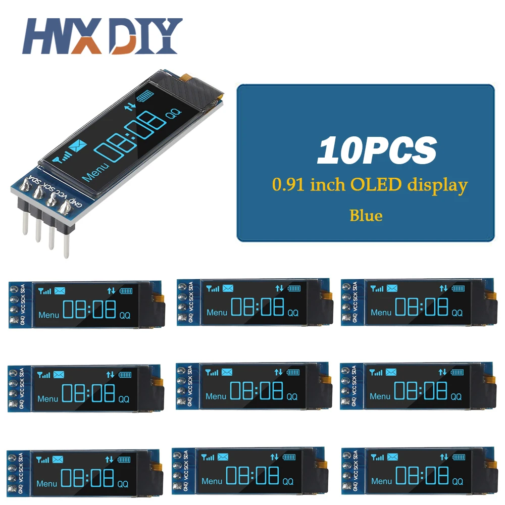 1-10pcs 0.91 Inch 128x32 IIC I2C White / Blue OLED LCD Display DIY Module SSD1306 Driver IC DC 3.3V 5V for arduino 3