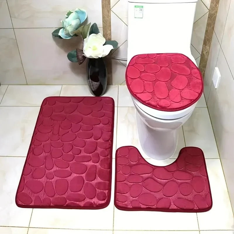 1 Set Bathroom Mat Solid Color Simple Water-absorbing Non-slip Stone Pattern Three-piece Set