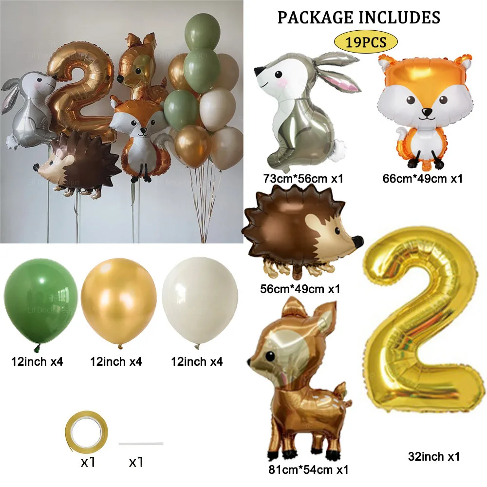 Hedgehog Deer Fox Rabbit Balloon Set Gold Number Balloon For Boy's Woodland Animal Happy Birthday Party Decorations Kids Gifts