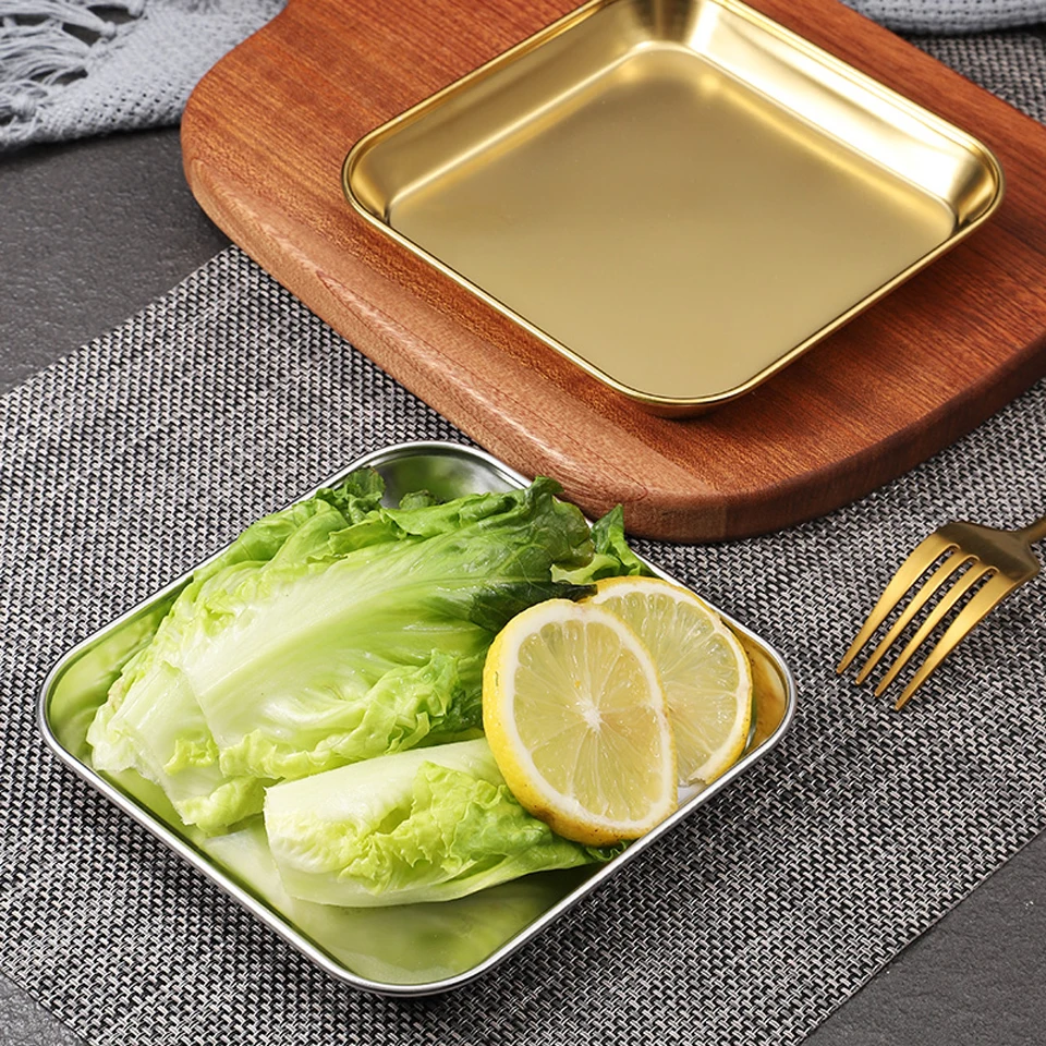 304 Stainless Steel Square Plate Golden Thick Skewers Dish Plate Restaurant Commercial Flat-bottom Korean Barbecue Tableware dining dish