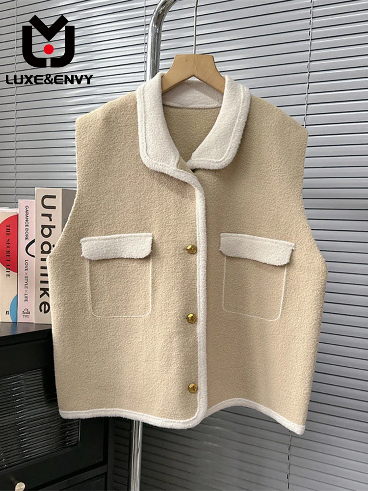 

LUXE&ENVY Loose Fake Pocket Knitted Cardigan Vest Korean Edition Versatile Contrast Sweater Tank 2023 Autumn