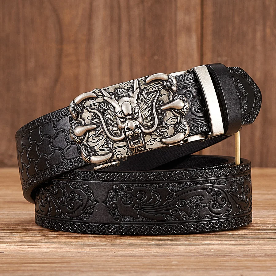 New Arrivel Dragon Buckle with Tang Grass Pattern Leather Belt for Men Work of Art Automatic | Аксессуары для одежды