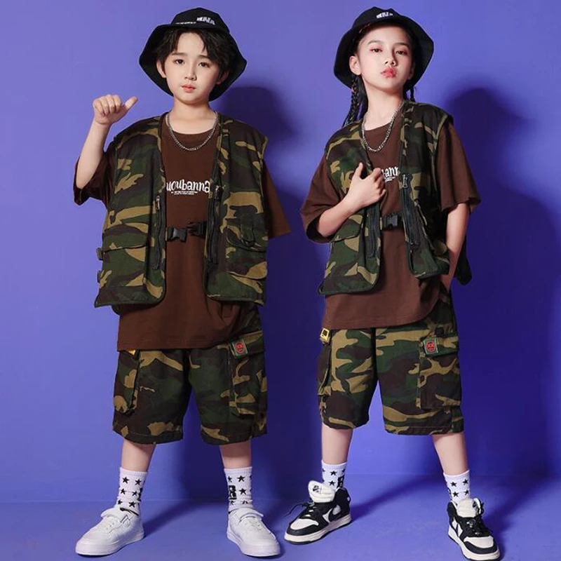 

Kids Cool Stage Hip Hop Clothing Camo Tactical Vest Oversize T Shirt Summer Shorts For Girl Boy Jazz Dance Costume rave Clothes