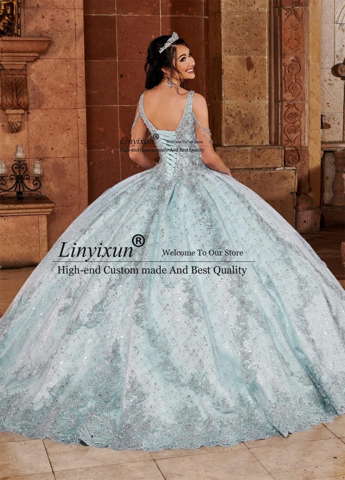 V Neck Cape Sequins Quinceanera Dresses Lace Appliques Princess Ball Gown Sweet 16 Dress Lace-Up Court Train Vestidos De 15 años