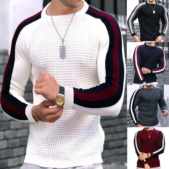 Fashionable Mens Casual Knitted Sweater Long Sleeved Round Neck Mens Sweater Knitted Pullover Men's Clothing 1