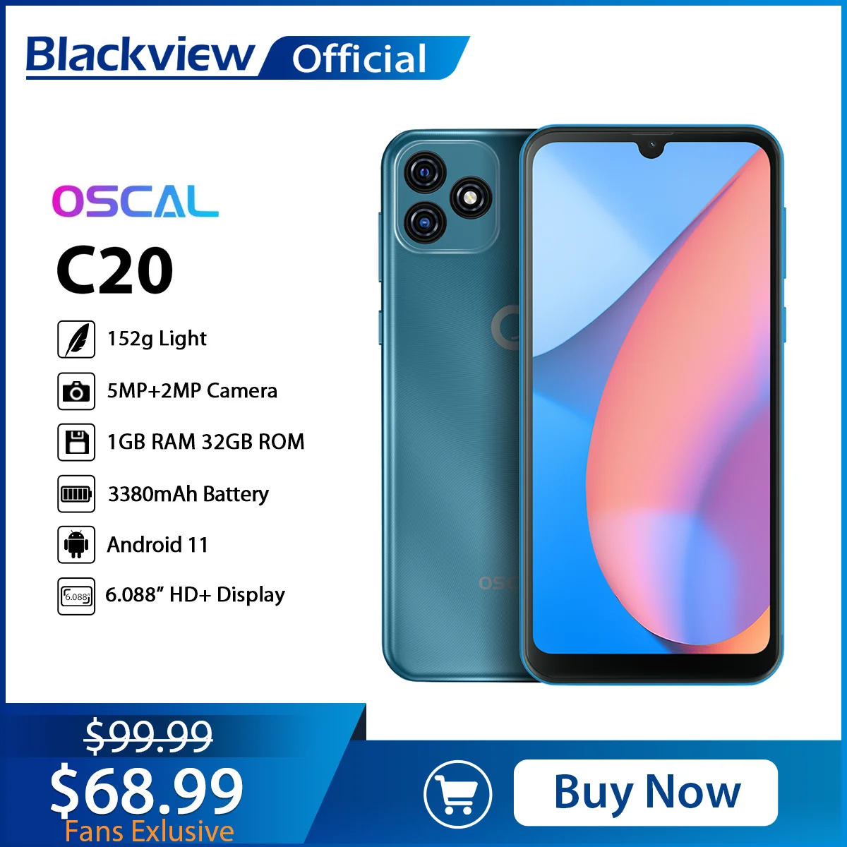 Blackview Oscal C20 Smartphone Sc7731e Quad Core 1gb+32gb 6.088" Screen  3380mah Cellphone Dual Camera Android 11 3g Mobile Phone - Mobile Phones -  AliExpress