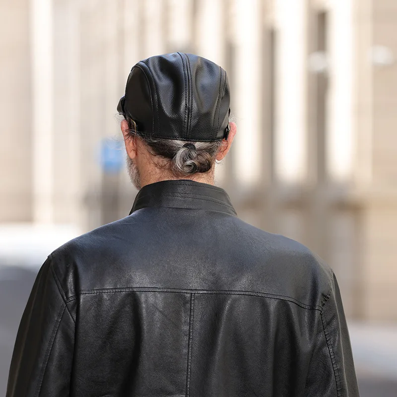 Leather Cap  Men's Imitation Sheepskin Beret  Leather Hat The Elderly Forward Hat  Artificial Leather Hat Literary and Retro 3
