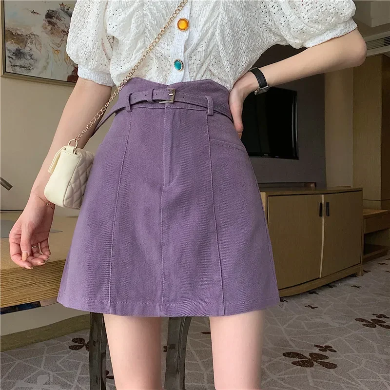 Summer 2023 Women Purple Denim Skirts Elegant High Waist Mini Skirts with Sashes A-line Skirt Ladies Female Solid Jean Skirts