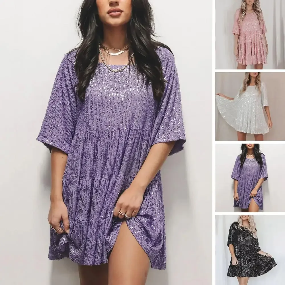 

Sparkle-Sequins Summer T-Shirts Dress Women's Short Sleeve Crew Neck Loose Mini Dress Street Daily Party Casual Dress