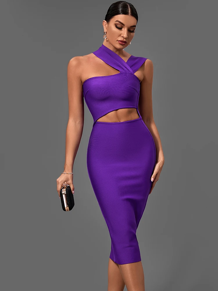 

Bandage Dresses for Women 2022 Purple Bodycon Dress Evening Party Elegant Sexy Cut Out Midi Birthday Club Outfit Summer New