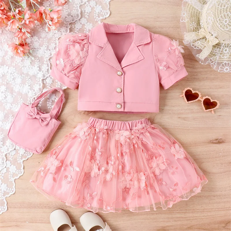 

3-7Y Kids Girls Summer Clothing Sets Puff Short Sleeve Lapel Button Tops Floral Embroidery Tulle Skirts Handbag Outfits 3pcs Set