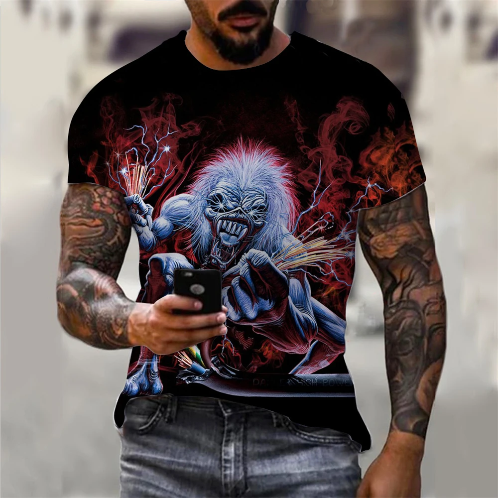 Mens 3D Skull T-Shirt - Black Gothic Short Sleeve Halloween Top
