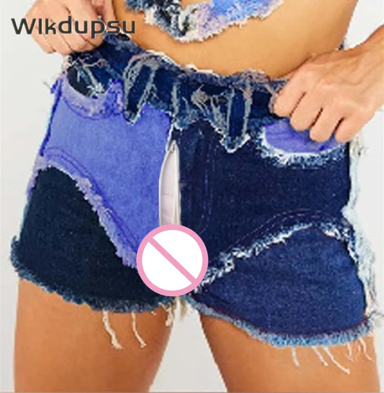 

Summer Short Jeans Women Stretch High Waist Jeans Denim Pants Invisible Zipper Open Crotch Pants Sexy​ Erotic Crotchless Costume