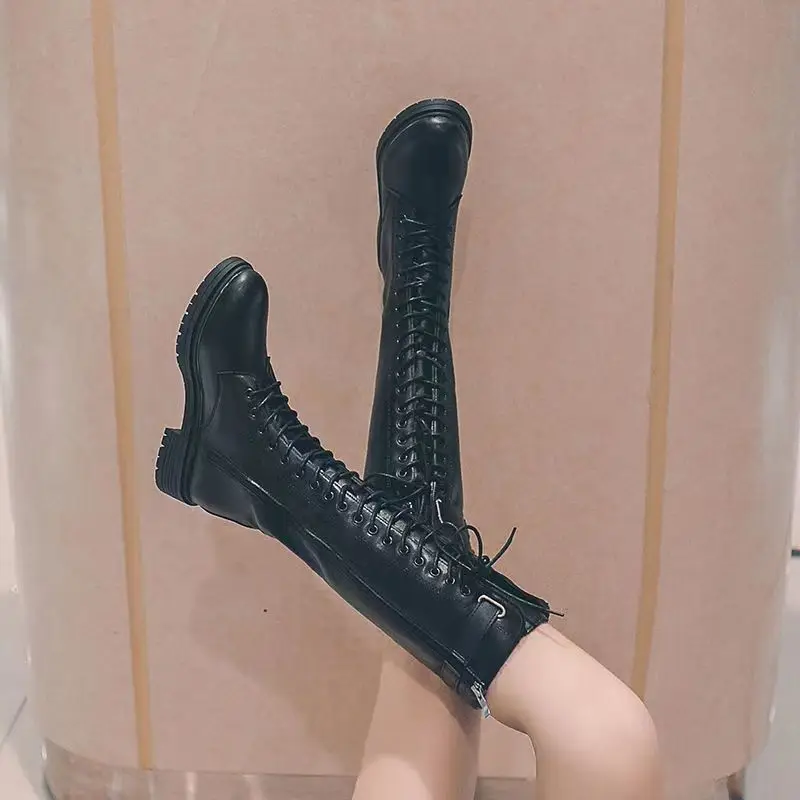 

Shoes for Women Black Middle Heel Footwear Winter Knee High Shaft Long Ladies Boots with Laces Lace-up on Promotion New Rock Pu