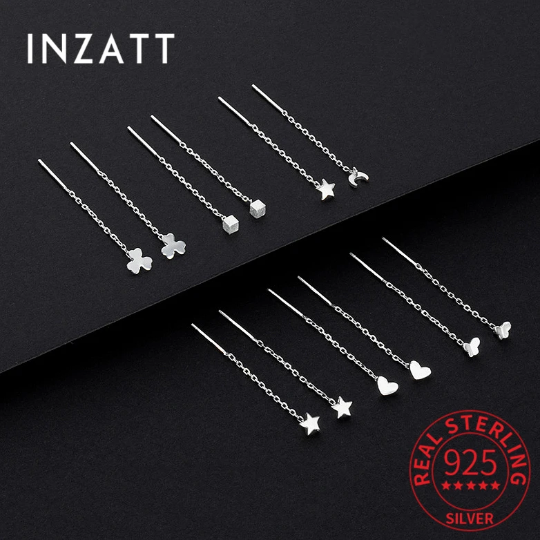 

INZATT Real 925 Sterling Silver Moon Star Heart Square Clover Chain Tassel Stud Earrings For Fashion Women Classic Fine Jewelry