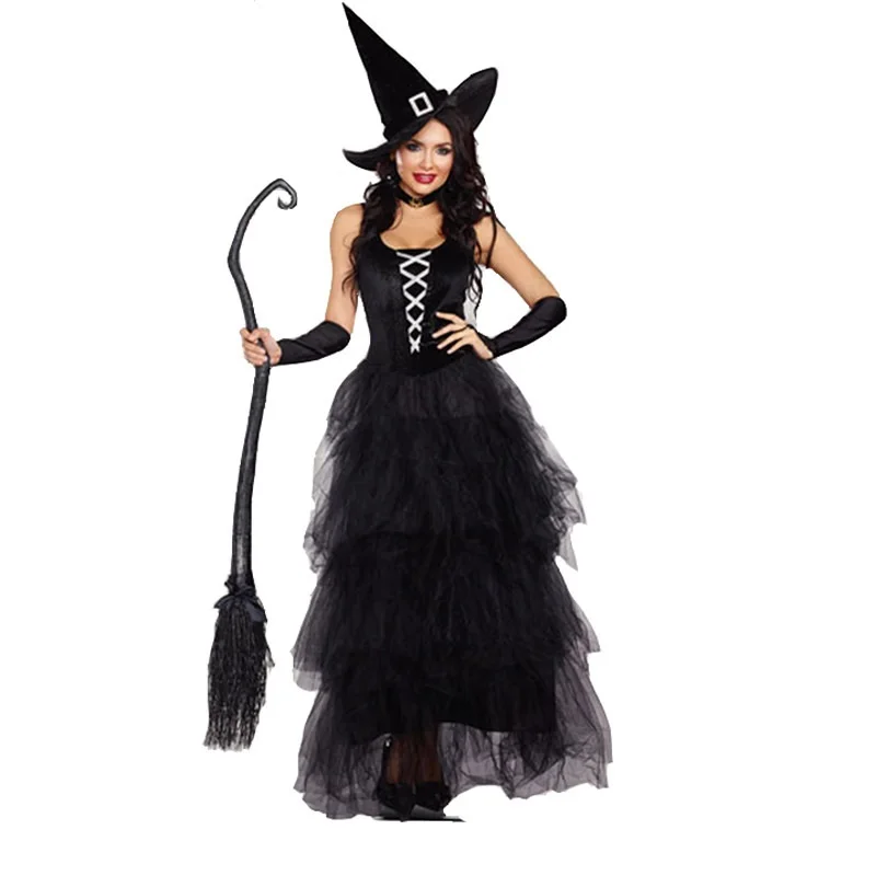 

Halloween Horror Witch Cosplay Costumes For Woman's Carnival Role Play Party Adult Witch Costume Set Black Dress+Hat + Sleeves