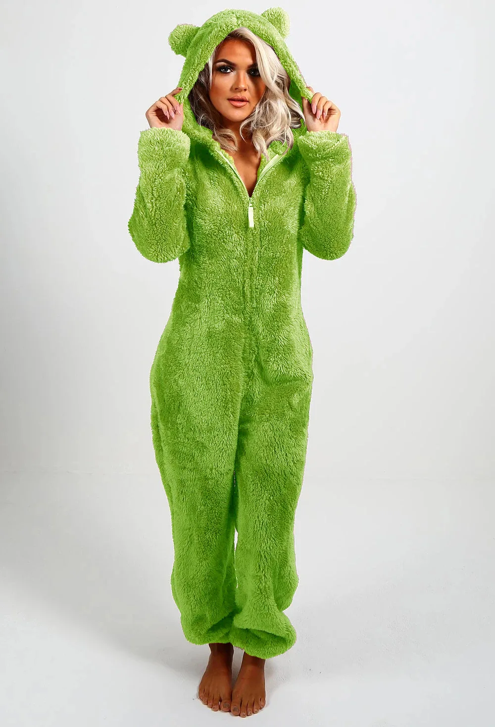 

Winter 2022 one-piece green/yellow onesies for adults halloween costume long sleeve fleece hooded women's pajama jumpsuit