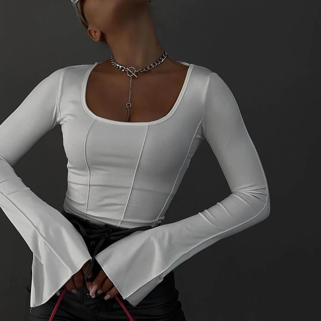 

T-shirts Woman Long Sleeve Square Neck Fit Basic Tops T Shirt Women's Autumn Clothes Pullovers Cropped Tee Shirt Fall Clothing