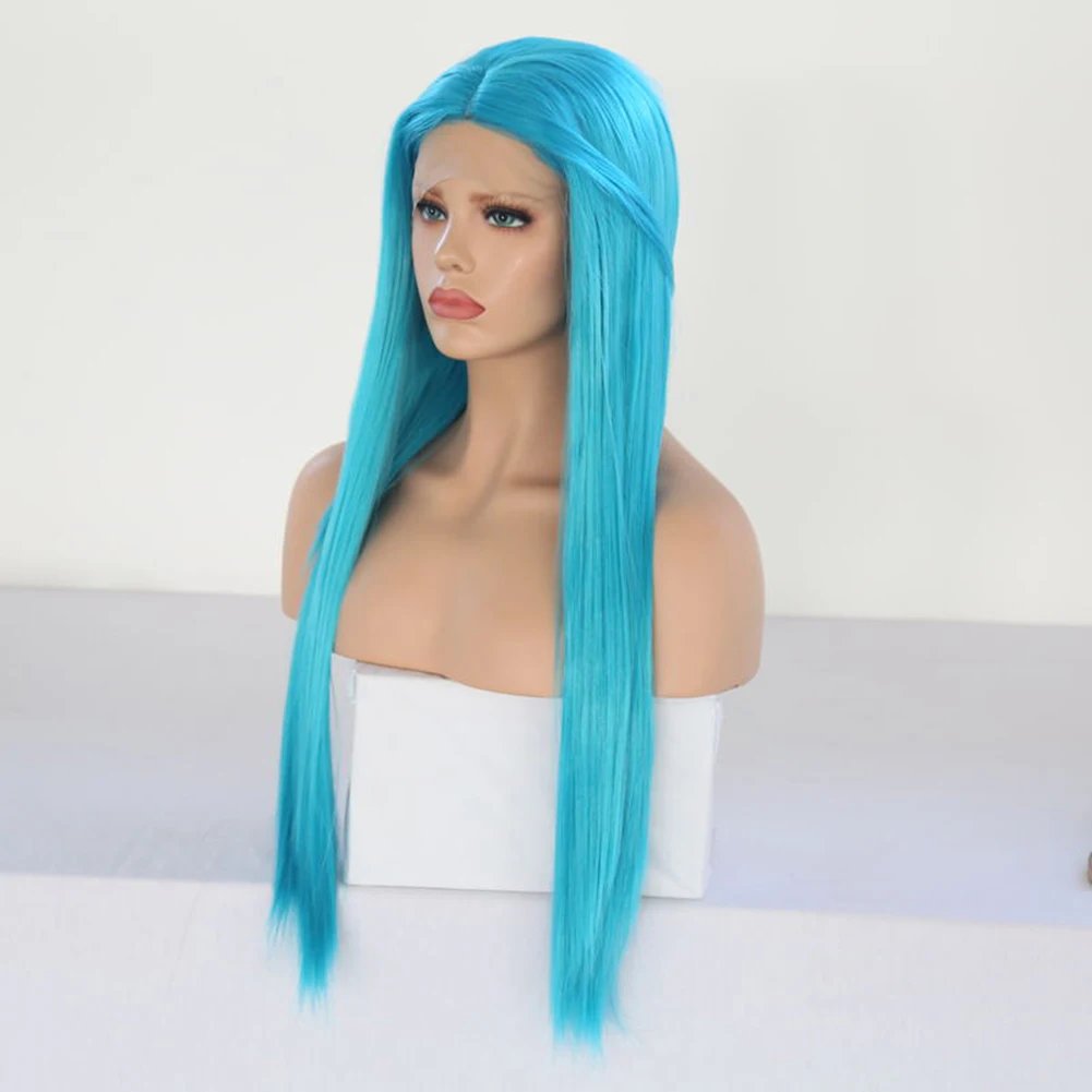 Lake Blue Synthetic Hair Lace Front Wigs Women Daily Wear Blue Wig Glueless Heat Resistant Fiber Long Straight Hair Cosplay