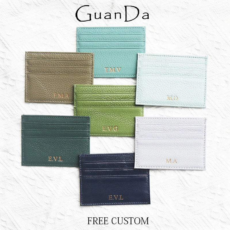 Custom Letters Genuine Leather Card Wallet Luxury Slim Fashion Card Holder Engrave Name Cowhide ID Card Bus Card Bag Cute Gift