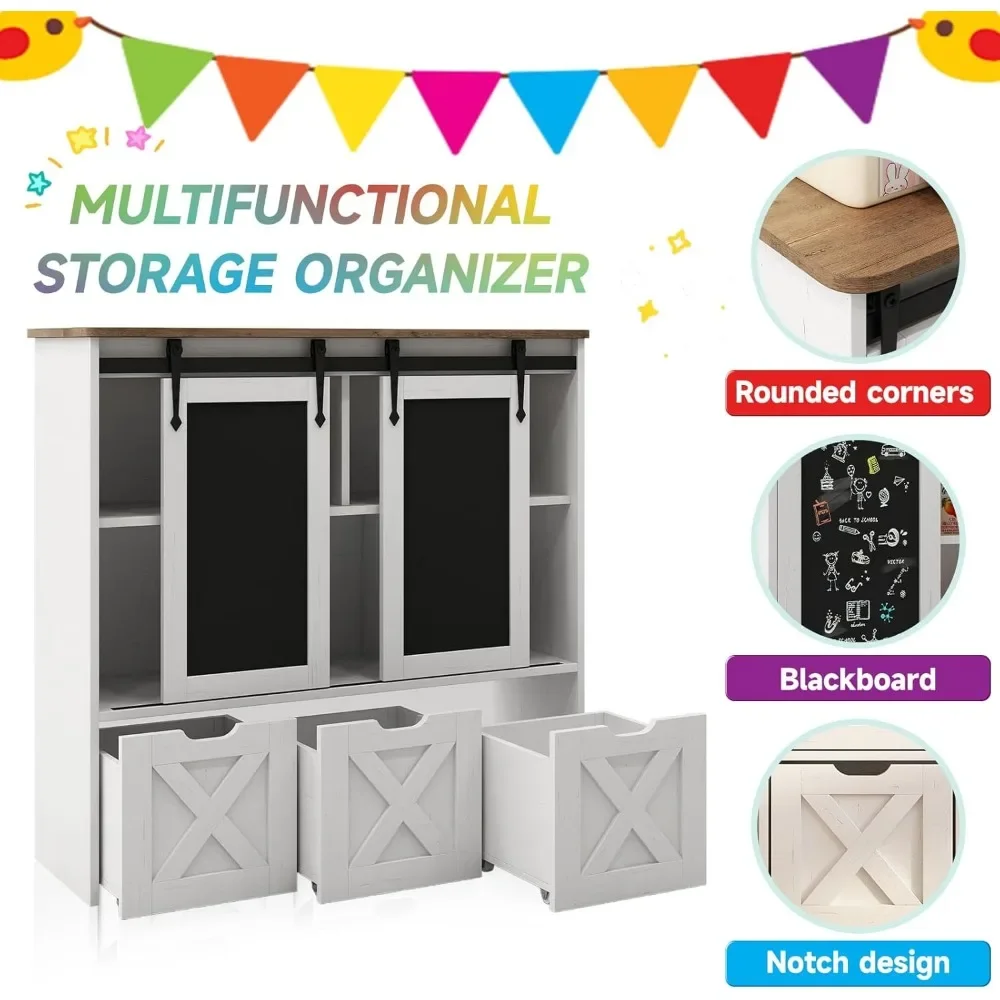 Toy Storage Organizer with Sliding Blackboard,Kids Bookshelf with3 Movable Drawers,Multifunctional Storage Cabinet Toy Chest 3