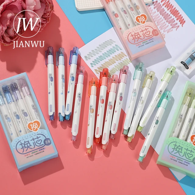 JIANWU 4Pcs/set Replaceable Refill Soft Head Highlighter Pen Set Write