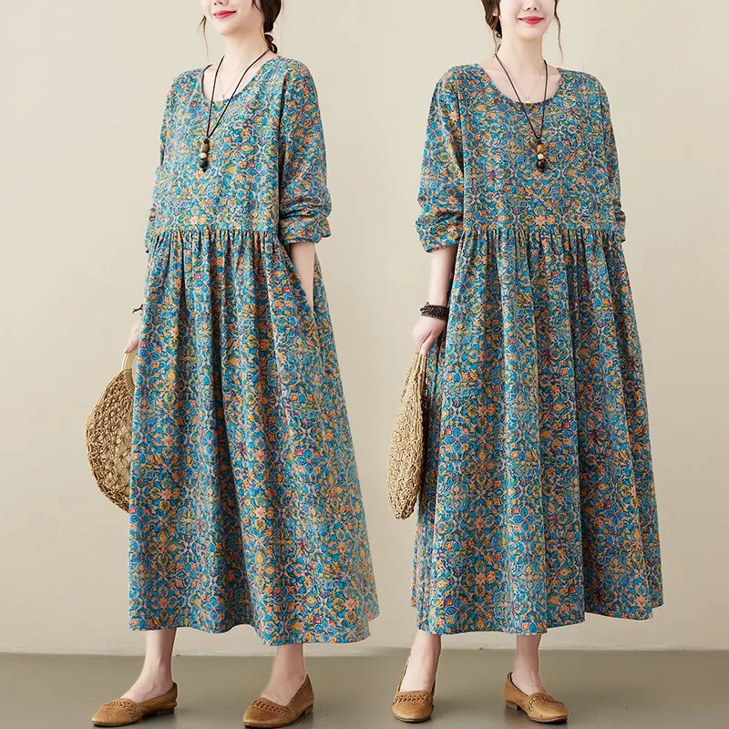 

2022 autumn winter new casual loose thin casual literary floral dress simple all-match lazy style women long dress free shipping