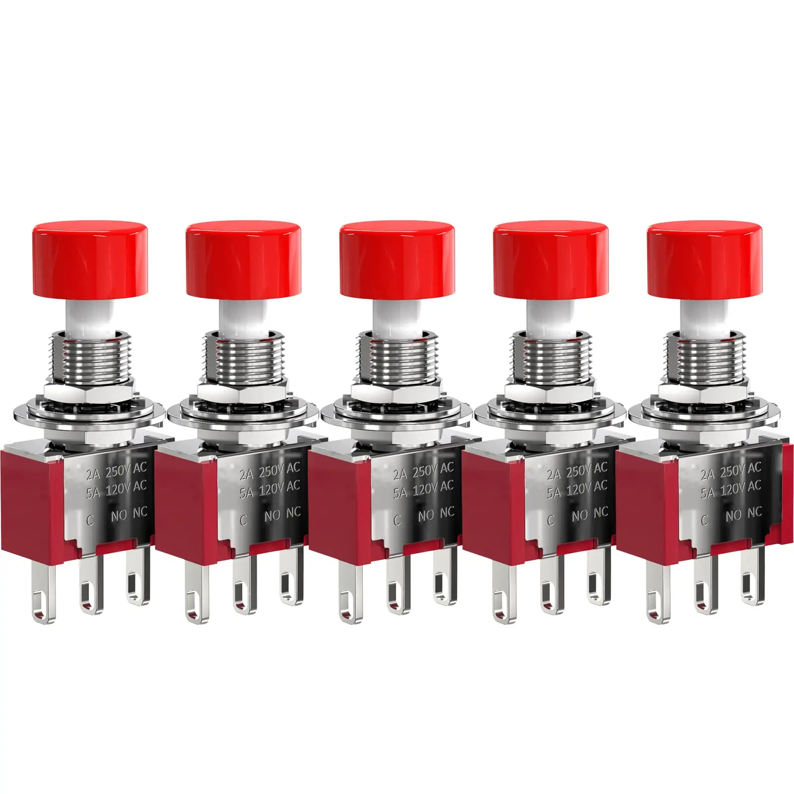 

5 PCS AC 2A/250V 5A/120V 3 Pin Momentary Push Button Switch NO NC with Red Cap