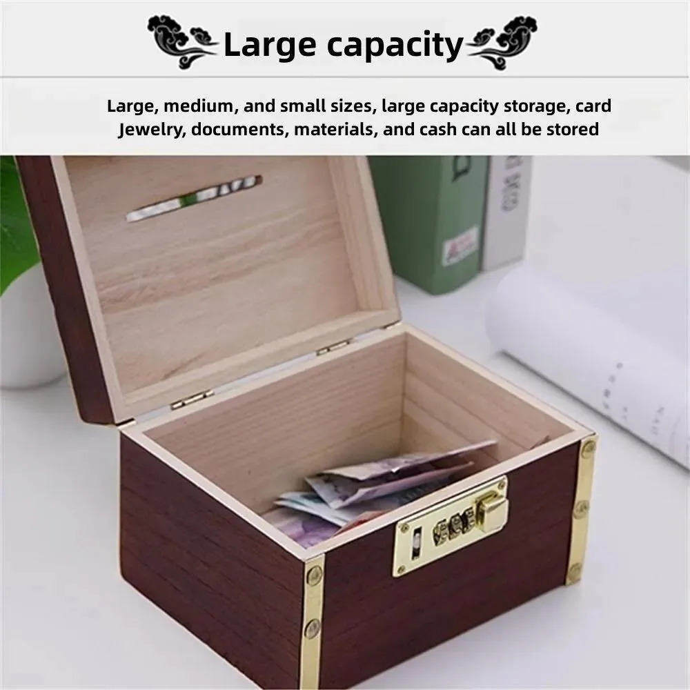Safe Box Piggy Bank Organizer Treasure Storage Box Money Jar with Combination Lock Wooden Treasure Chest