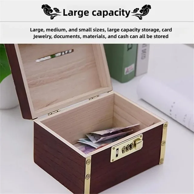 Safe Box Piggy Bank Organizer Treasure Storage Box Money Jar with Combination Lock Wooden Treasure Chest Box 4