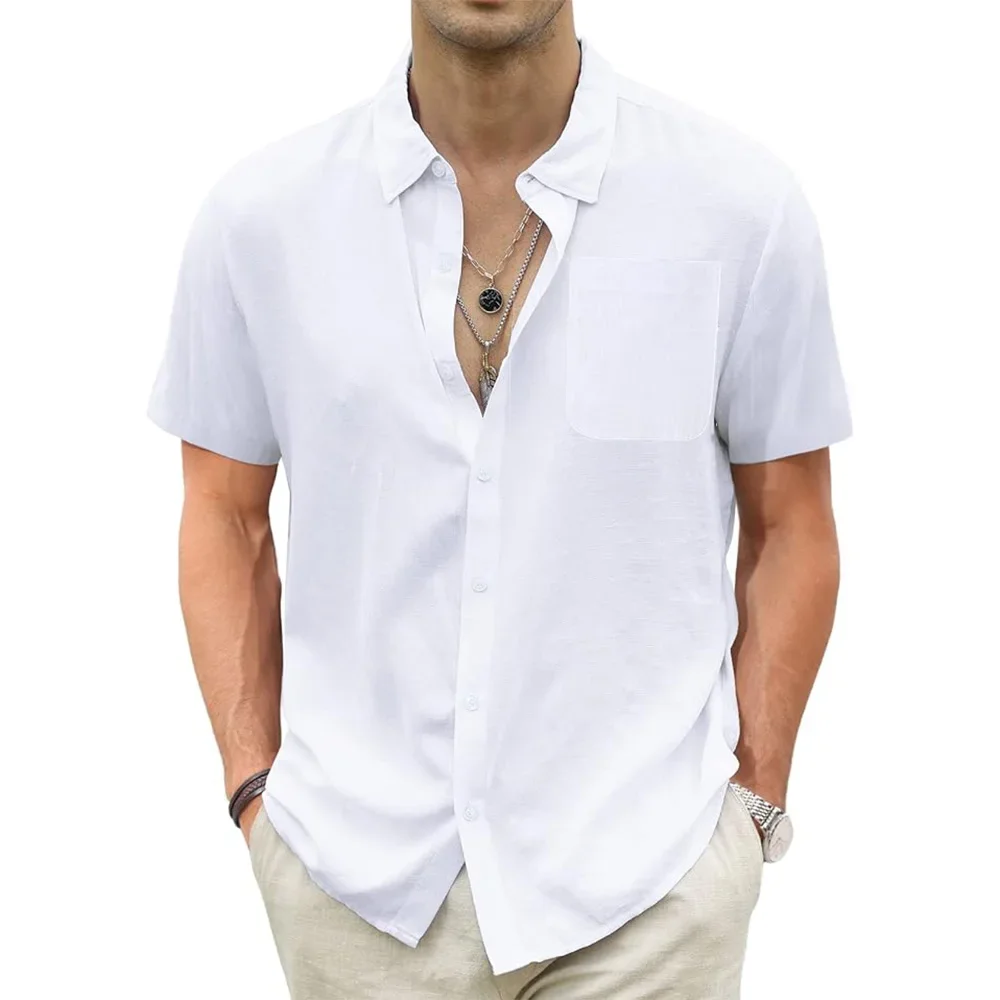 Men's Lightweight Hawaiian Shirts Cotton Linen Breathable Short Sleeve Shirts Vacation Beach Casual Summer Men Tops with Pocket 3