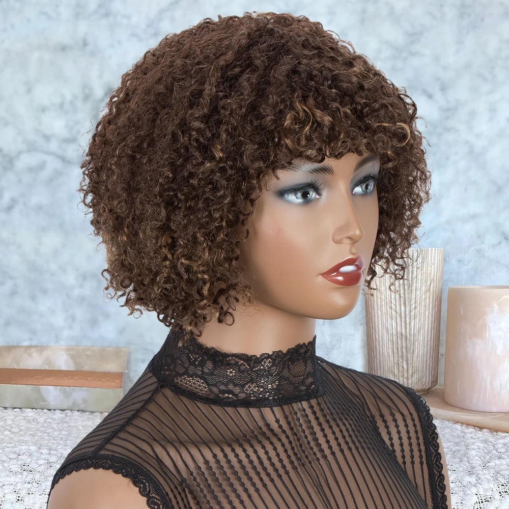 Glueless Human Hair Wigs With Bangs Highlight Honey Brown Curly Short Bob Wig With Bangs Jerry Curly Bob Wigs For Women human hair wigs